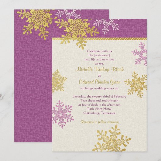 Paarse gouden sneeuwvlok Winter Weddenschap Kaart (Voorkant / Achterkant)