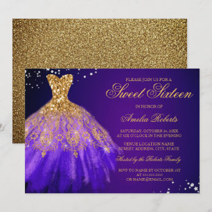 Paarse Gouden Sparkle Dress Sweet Sixteen Invitati Kaart
