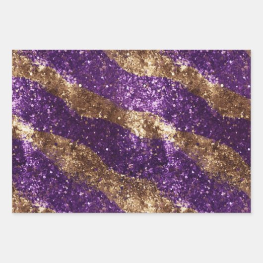 Paarse Gouden Sparkle Glitter Girly Stripes Verjaa Inpakpapier Vel (Voorkant)