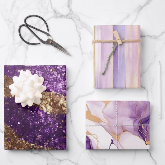 Paarse Gouden Sparkle Glitter Girly Stripes Verjaa Inpakpapier Vel (Voorkant)