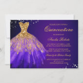 Paarse Gouden Sparkle Jurk Quinceanera Uitnodiging (Voorkant)
