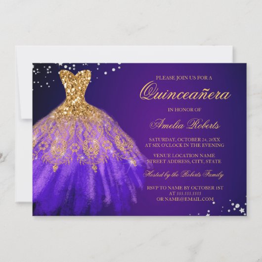 Paarse Gouden Sparkle Jurk Quinceanera Uitnodiging (Voorkant)