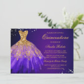 Paarse Gouden Sparkle Jurk Quinceanera Uitnodiging (Staand voorkant)