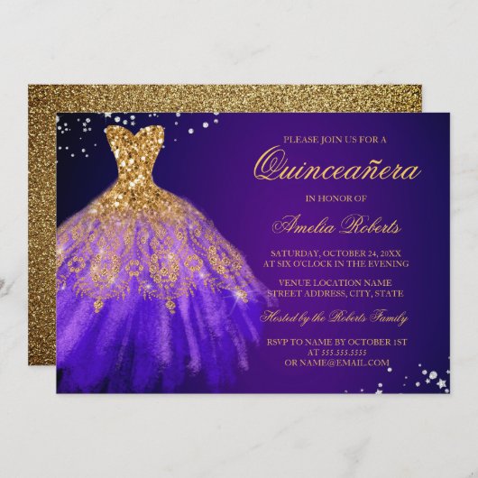 Paarse Gouden Sparkle Jurk Quinceanera Uitnodiging (Voorkant / Achterkant)