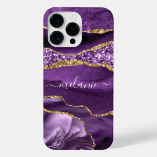 Paarse Gouden Sparkle Marmeren Jouw naam iPhone Ca 14 Pro Max Hoesje