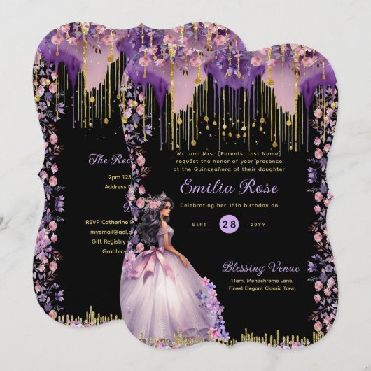 Paarse Gouden Sparkle Quinceanera Jurk Bloemen Roz Kaart (Voorkant / Achterkant)