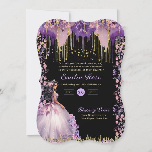 Paarse Gouden Sparkle Quinceanera Jurk Bloemen Roz Kaart (Voorkant)