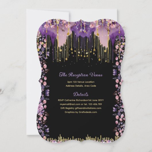 Paarse Gouden Sparkle Quinceanera Jurk Bloemen Roz Kaart (Achterkant)