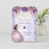 Paarse Gouden Sparkle Quinceanera Jurk Bloemen Roz Kaart (Staand voorkant)