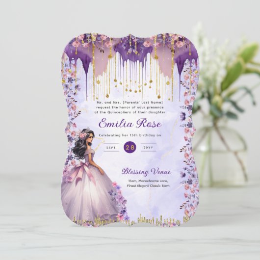 Paarse Gouden Sparkle Quinceanera Jurk Bloemen Roz Kaart (Staand voorkant)