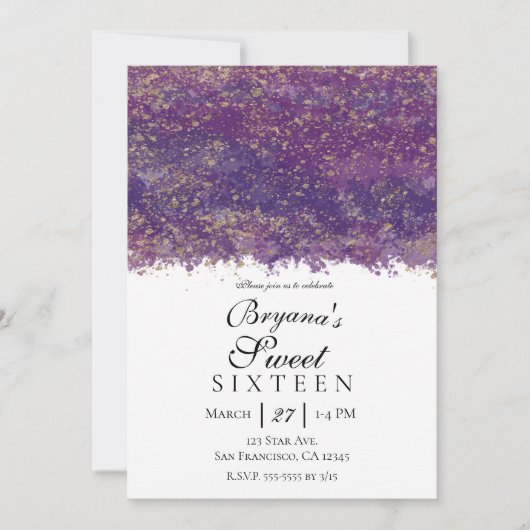 Paarse Gouden Splatter Modern Glam Sweet 16 Party Kaart (Voorkant)