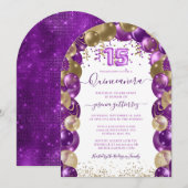 Paarse gouden sprankeling Quinceañera ballon Kaart (Voorkant / Achterkant)