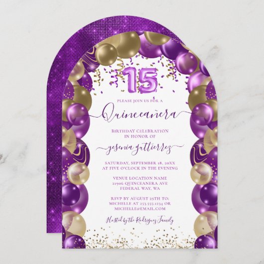 Paarse gouden sprankeling Quinceañera ballon Kaart (Voorkant / Achterkant)