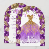 Paarse gouden sprankeljurk quinceañera ballonboog kaart (Voorkant / Achterkant)