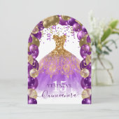 Paarse gouden sprankeljurk quinceañera ballonboog kaart (Staand voorkant)