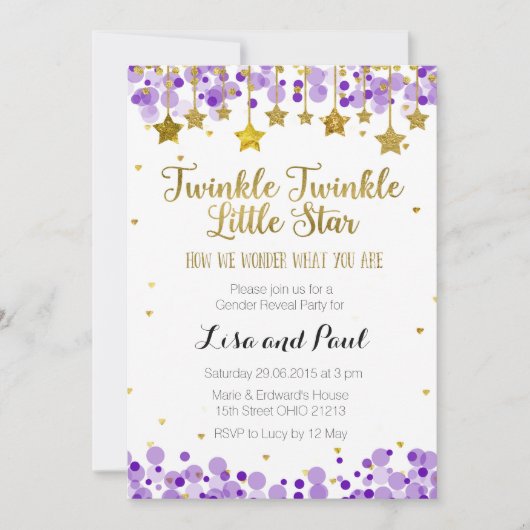 Paarse Gouden Ster Twinkle twinkle gender reveal Kaart (Voorkant)