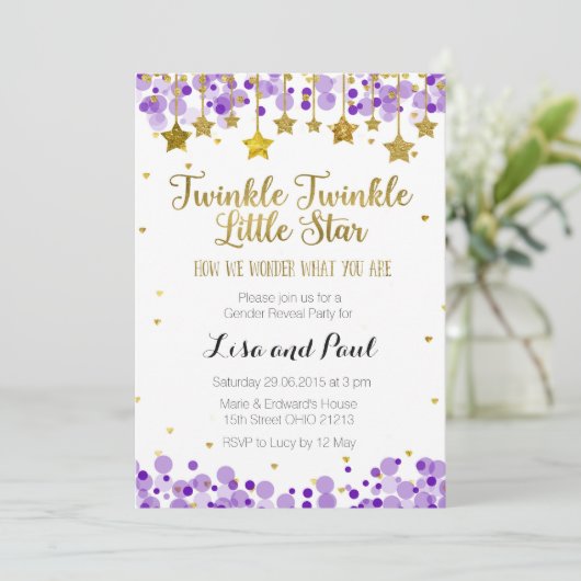 Paarse Gouden Ster Twinkle twinkle gender reveal Kaart (Staand voorkant)