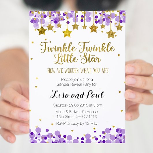 Paarse Gouden Ster Twinkle twinkle gender reveal Kaart