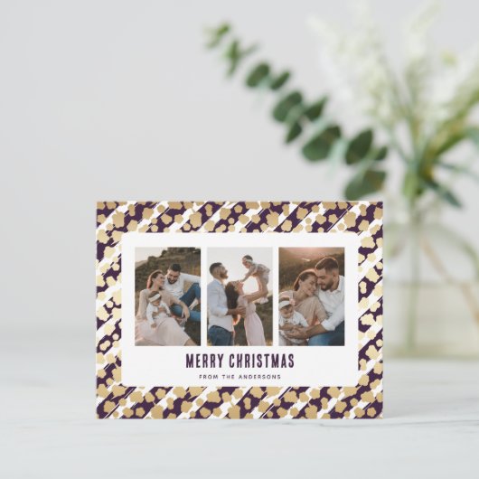 Paarse gouden sterren 3 foto vrolijk kerstfeest feestdagenkaart (Staand voorkant)