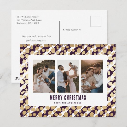 Paarse gouden sterren 3 foto vrolijk kerstfeest feestdagenkaart (Voorkant / Achterkant)