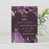 Paarse Gouden Tan Prinses Bloemen Quinceañera Save The Date (Staand voorkant)