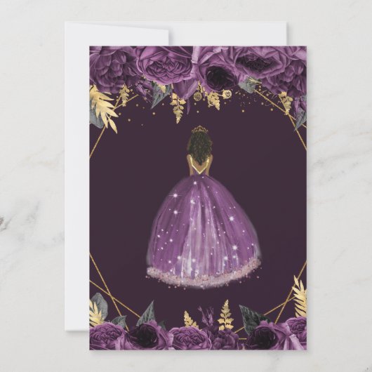 Paarse Gouden Tan Prinses Bloemen Quinceañera Save The Date (Achterkant)