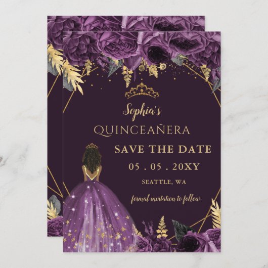 Paarse Gouden Tan Prinses Bloemen Quinceañera Save The Date (Voorkant / Achterkant)