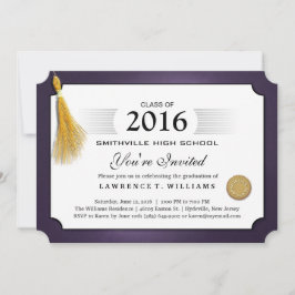 Paarse & gouden Tassel Diploma Afstuderen Uitnodig Kaart