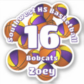 paarse gouden team kleuren basketballen kinder tea sticker (Voorkant)