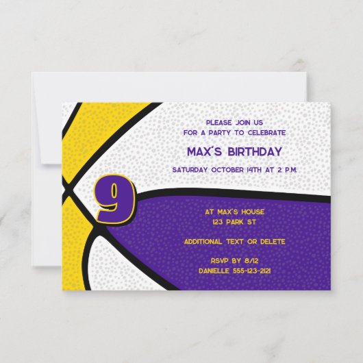 paarse gouden team kleurt basketbalverjaardag kaart (Voorkant)