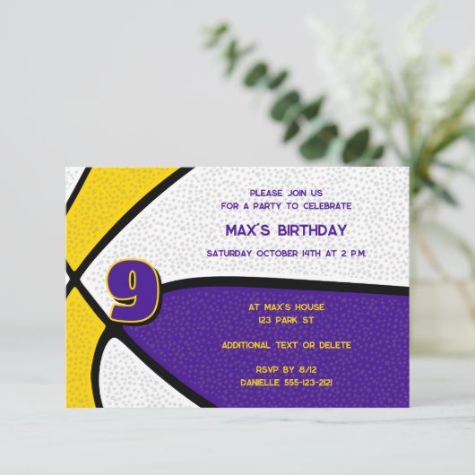 paarse gouden team kleurt basketbalverjaardag kaart (Staand voorkant)