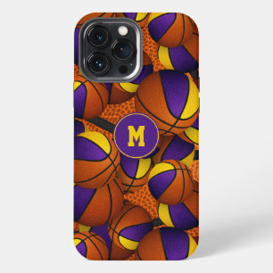 Paarse gouden teamkleuren basketbal patroon iPhone 13 pro max hoesje