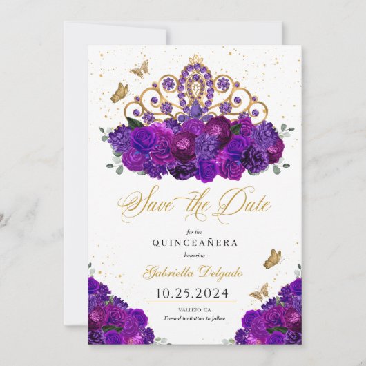 Paarse & Gouden Tiara Bewaar de datum Quinceañera Kaart (Voorkant)