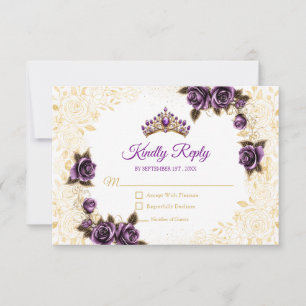 Paarse Gouden Tiara Bloemrijke Roos Quinceañera RSVP Kaartje