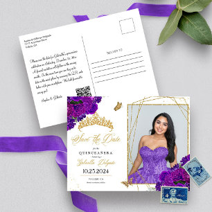 Paarse & Gouden Tiara Quinceañera Foto Ansichtkaar Briefkaart
