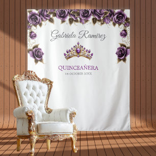 Paarse Gouden Tiara Rozen Quinceañera Achtergrond Wandkleed