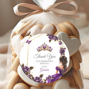 Paarse Gouden Tiara Rozen Quinceañera Bedankt Ronde Sticker