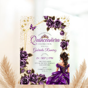 Paarse Gouden Tiara Rozen Vlinder Quinceañera Acryl Uitnodigingen