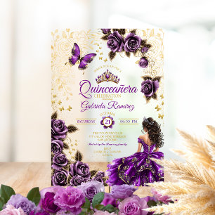 Paarse Gouden Tiara Rozen Vlinder Quinceañera Acryl Uitnodigingen