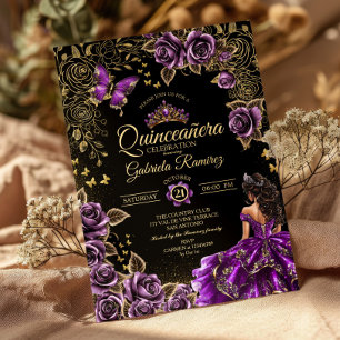 Paarse Gouden Tiara Rozen Vlinder Quinceañera Kaart