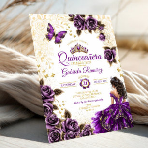 Paarse Gouden Tiara Rozen Vlinder Quinceañera Kaart