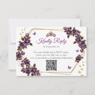 Paarse Gouden Tiara Rozen Vlinder Quinceañera RSVP Kaartje