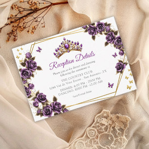 Paarse Gouden Tiara Rozen Vlinders Quinceañera Informatiekaartje