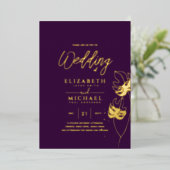 Paarse gouden tropische bladbestemming bruiloft folie uitnodiging (Staand Voorkant)