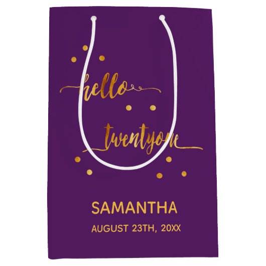 Paarse gouden typografie 21ste verjaardag medium cadeauzakje (Voorkant)