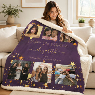 Paarse gouden verjaardagsfotocollage voor vrienden sherpa deken