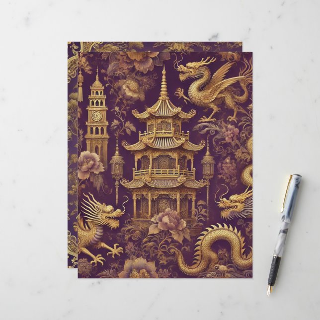 Paarse & Gouden Vintage Chinoiserie Scrapbook Papi (Voorkant / Achterkant in situ)