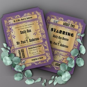 Paarse gouden Vintage van Hollywood Ticket Wedding Kaart