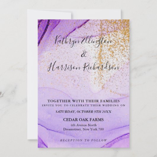 Paarse Gouden Vintage Waterverf Bruiloftsinvitatie Kaart (Voorkant)