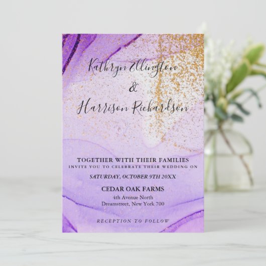 Paarse Gouden Vintage Waterverf Bruiloftsinvitatie Kaart (Staand voorkant)